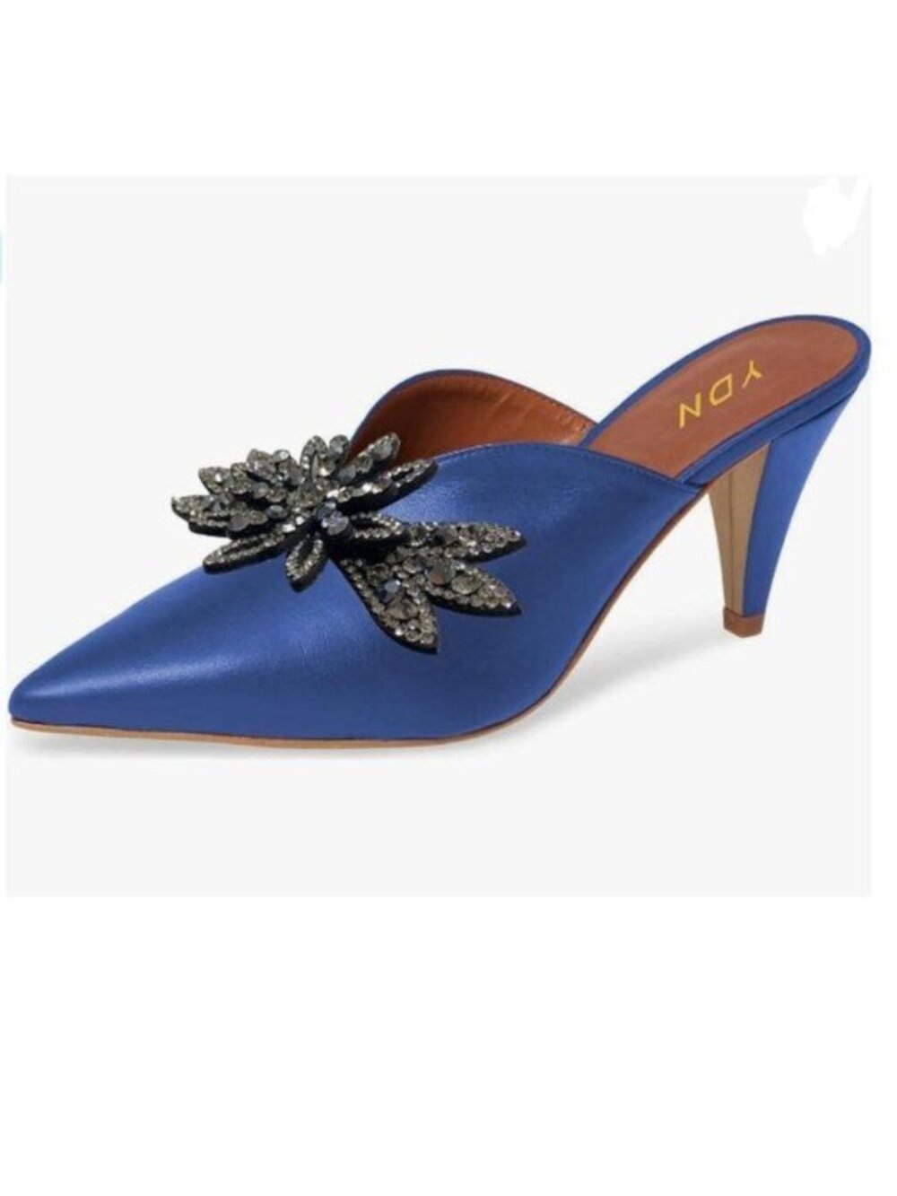 YDN Blue Rhinestone Cone Heel Pointed Toe Slide Mules Slip on V Cut Leather Shoe